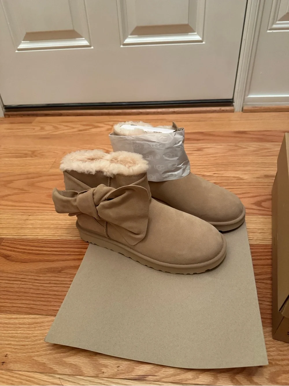 UGG Chestnut Suede Bow-Accent Shearling Ankle Boots